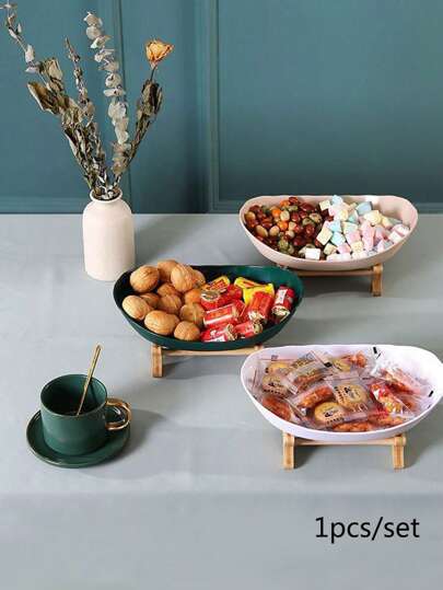 Party Anny Long 1pc Nordic Light Luxury Style Wooden Tray With White Fruit Plate For Parties And Daily Use (tray + Plate)