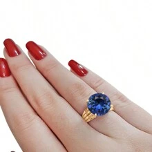 Anel Solitário Prata 925 Dourada 18k - Safira Grande - Azul Royal - Visão 5