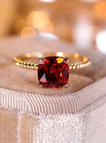 1pc Fashionable And Simple Artificial Square Shaped Red Cubic Zirconia Decorated Ring For Women, Ideal Gift For Engagement, Wedding, Party And Other Occasions - Red - View 2