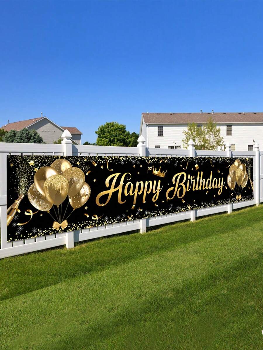 1条2米黑色金色气球图案生日横幅，生日背景布，生日派对用品，生日派对装饰，生日礼物，生日家居装饰，房间装饰，生日悬挂装饰，生日惊喜，生日拍照道具，派对配件