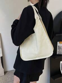 1pc White Canvas Smooth Zipper 2-In-1 Portable Shoulder Bag Suitable For Women's Daily Use - White - View 7