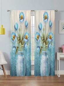 2 件裝美觀藍色花瓶印花窗簾,無孔窗簾,參考臥室辦公室廚房客廳書房家居裝飾