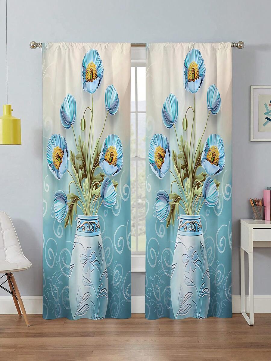 2 件裝美觀藍色花瓶印花窗簾,無孔窗簾,參考臥室辦公室廚房客廳書房家居裝飾