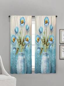 2 件裝美觀藍色花瓶印花窗簾,無孔窗簾,參考臥室辦公室廚房客廳書房家居裝飾