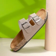 2025 Fashionable Buckle Flat Soft Wood Slide Sandals, Vacation Style Summer Unisex Beach Outdoor Casual Slippers