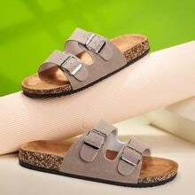 2025 Fashionable Buckle Flat Soft Wood Slide Sandals, Vacation Style Summer Unisex Beach Outdoor Casual Slippers