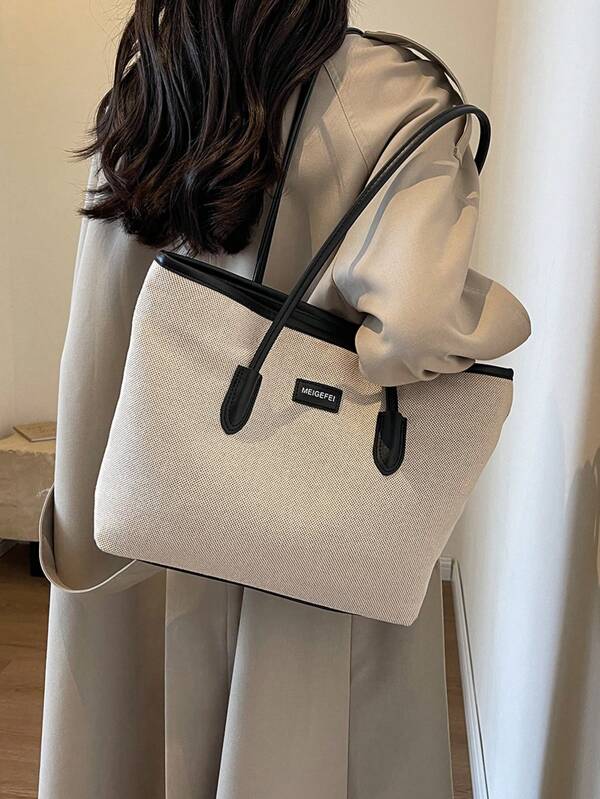 High Capacity Color Counter Tote College Class Shoulder Bag School Bag, Back To School Backpack, Portable, Lightweight, Business Casual, Suitable For Teen Girls Women College Students, White-Collar Workers, Rookies & White-Collar Workers, Perfect For Back To School, College, Office, Middle School, High School, Work, Business, Commute, Fashionable Tote Bag With Zipper