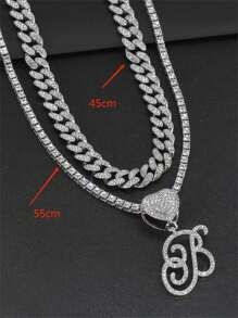 GuoShuang KOHOTA 草书银质首字母吊坠项链 女式链条分层心形闪亮水钻冰晶链条吊坠项链 嘻哈珠宝礼物 2 件链 情人节