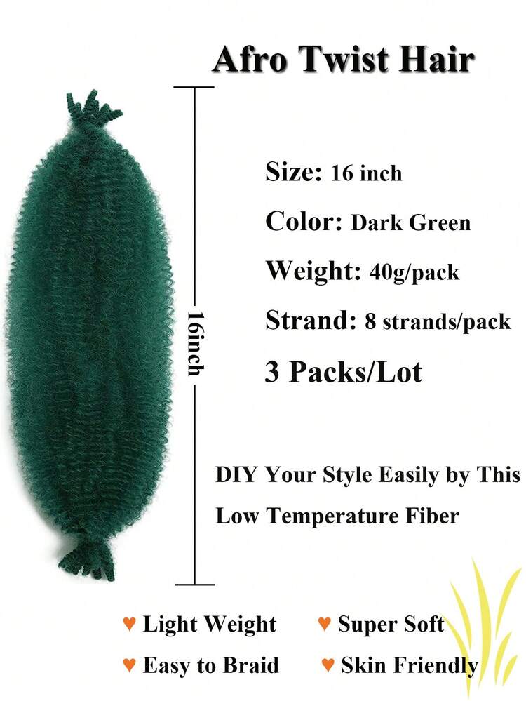 3 Packs Green Pre-Separated Springy Afro Twist Hair, Pre-Fluffy Marley Crochet Braid Hair with 1 Needle plus 5 Rings - Green - View 2