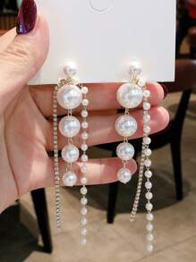 1pair Fashionable Copper Alloy Long Beaded Tassel Dangle Earrings For Women For Banquet, Prom, Party