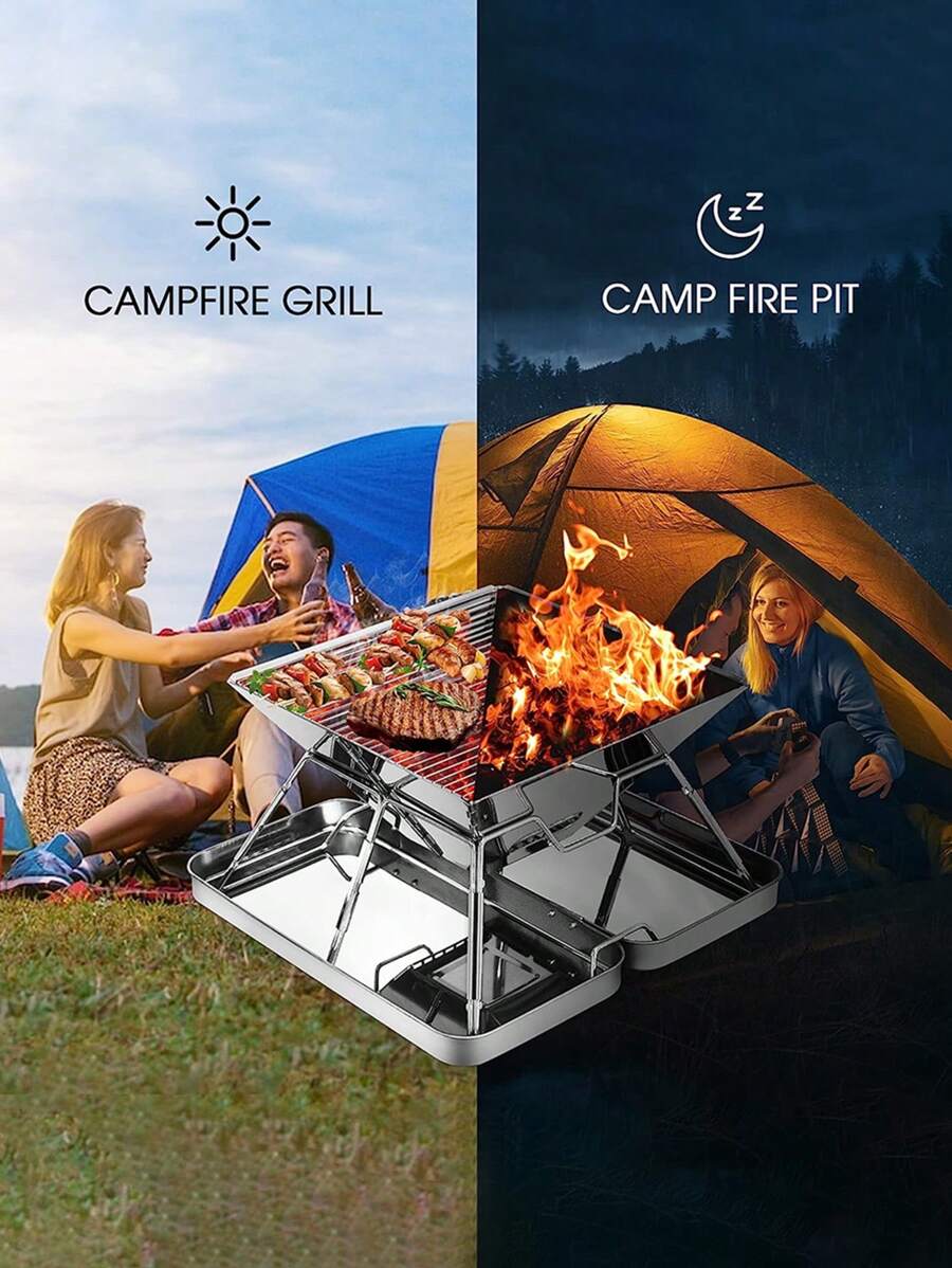 1PC Portable Camping Charcoal Grill with Carrying Bag for Backpacking / Stainless Steel Grill / Outdoor Stove Burner / Hiking Travel Picnic BBQ - Silver - View 1