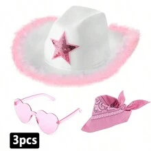 3 件套女式白色五角星粉色羽毛西部牛仔帽 + 粉色心形太阳镜 + 粉色围巾，适合圣诞节、音乐节、舞会使用。牛仔帽女牛仔帽万圣节 - 粉色 - 查看 2