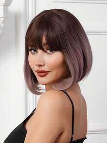 Tóc tổng hợp Tóc giả thẳng Tóc giả ngắn có tóc mái nhiều màu Máy làm đầy đủ 12 inch  Tóc giả dành cho phụ nữ Sử dụng hàng ngày trong bữa tiệc - Nhiều màu - Xem 3