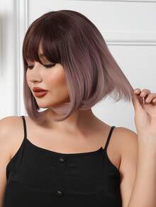 Tóc tổng hợp Tóc giả thẳng Tóc giả ngắn có tóc mái nhiều màu Máy làm đầy đủ 12 inch  Tóc giả dành cho phụ nữ Sử dụng hàng ngày trong bữa tiệc - Nhiều màu - Xem 4