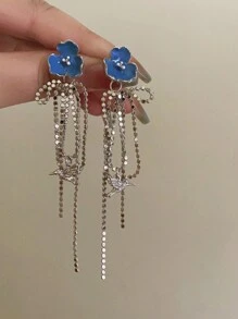 1pair Blue Flower Shaped Metallic Tassel Dangle Earrings For Women's Prom, Party Accessories - Silver - View 1