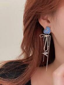 1pair Blue Flower Shaped Metallic Tassel Dangle Earrings For Women's Prom, Party Accessories - Silver - View 5