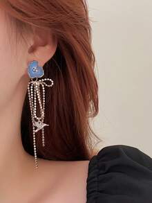 1pair Blue Flower Shaped Metallic Tassel Dangle Earrings For Women's Prom, Party Accessories - Silver - View 2
