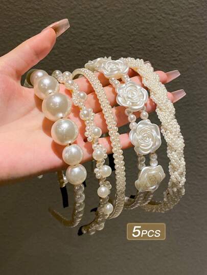 优雅5件套女士仿珍珠装饰侧梳发夹头饰情人节礼物，发箍，发圈头饰发带发饰头饰