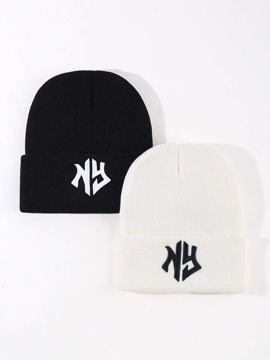 2豆豆帽適合女士針織冬天帽子暖軟有彈性日常刺繡帽子適用於寒冷天氣 - 黑與白 - 查看 1