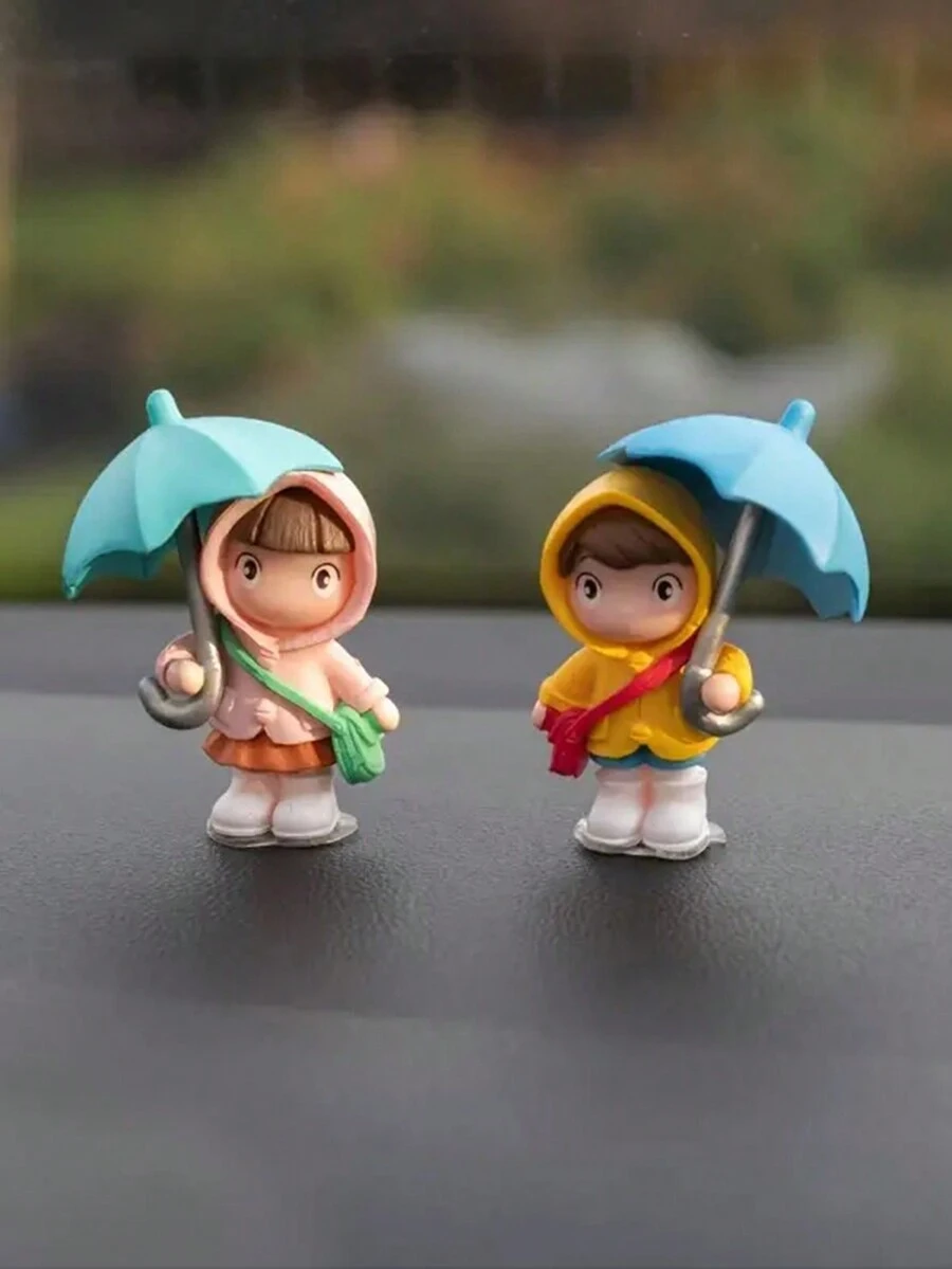 2 件裝樹脂可愛雨女孩娃娃雨傘卡通汽車後視鏡挂件,通用汽車裝飾 - 彩色 - 查看 1