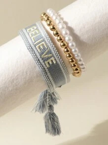 3入組淺藍色手工編織彈性珠串手鍊,帶著「相信」刺繡 - 彩色 - 查看 7