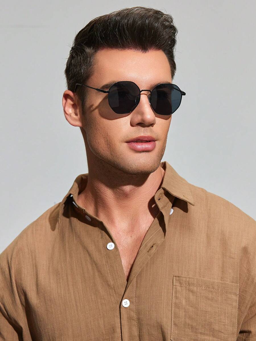 1 对男士几何框架时尚眼镜，适合户外 - 灰色 - 查看 1