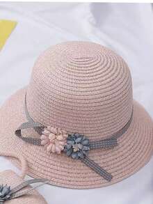 1套女孩夏日帶時尚刺繡公主圖案和圍巾的遮陽帽,適用於海灘或日常穿著 - 粉色 - 查看 4