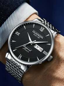 觀琴黑色不銹鋼男士機械機芯礦物玻璃日曆夜光指針防水適合日常佩戴gj16247