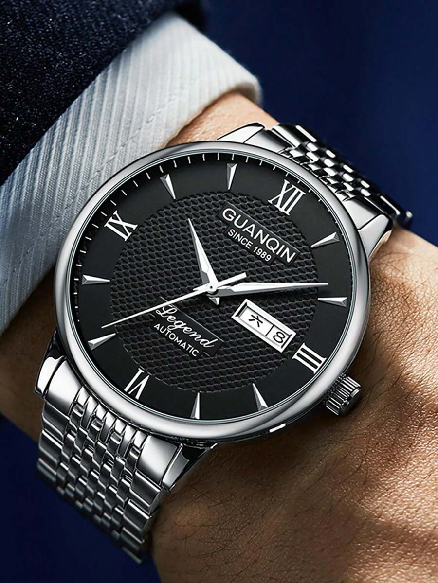 觀琴黑色不銹鋼男士機械機芯礦物玻璃日曆夜光指針防水適合日常佩戴gj16247