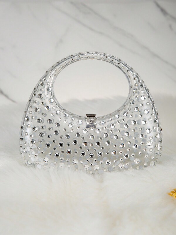 亞克力晚上手拿包帶水鑽點綴,女士派對包,奢華設計師手袋和錢包2023新款,透明人造水鑽裝飾包