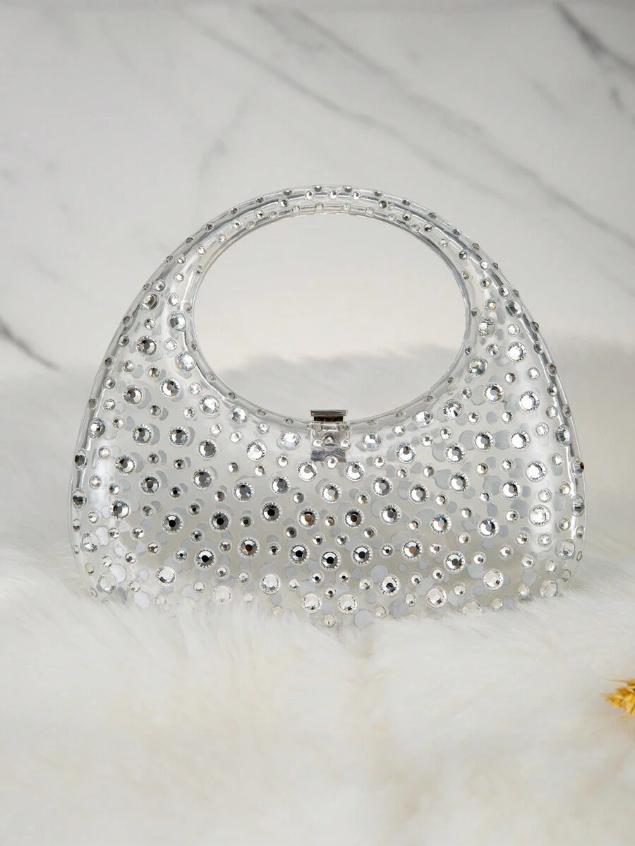 亞克力晚上手拿包帶水鑽點綴,女士派對包,奢華設計師手袋和錢包2023新款,透明人造水鑽裝飾包