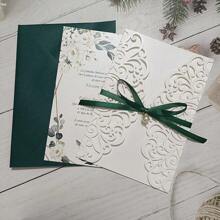 10sets Ivory Wedding Invitation Card Laser Cut With Blank Sheet +Envelope+Ribbon+Pearl Rhinestone - Multicolor - View 7