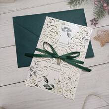 10sets Ivory Wedding Invitation Card Laser Cut With Blank Sheet +Envelope+Ribbon+Pearl Rhinestone - Multicolor - View 1