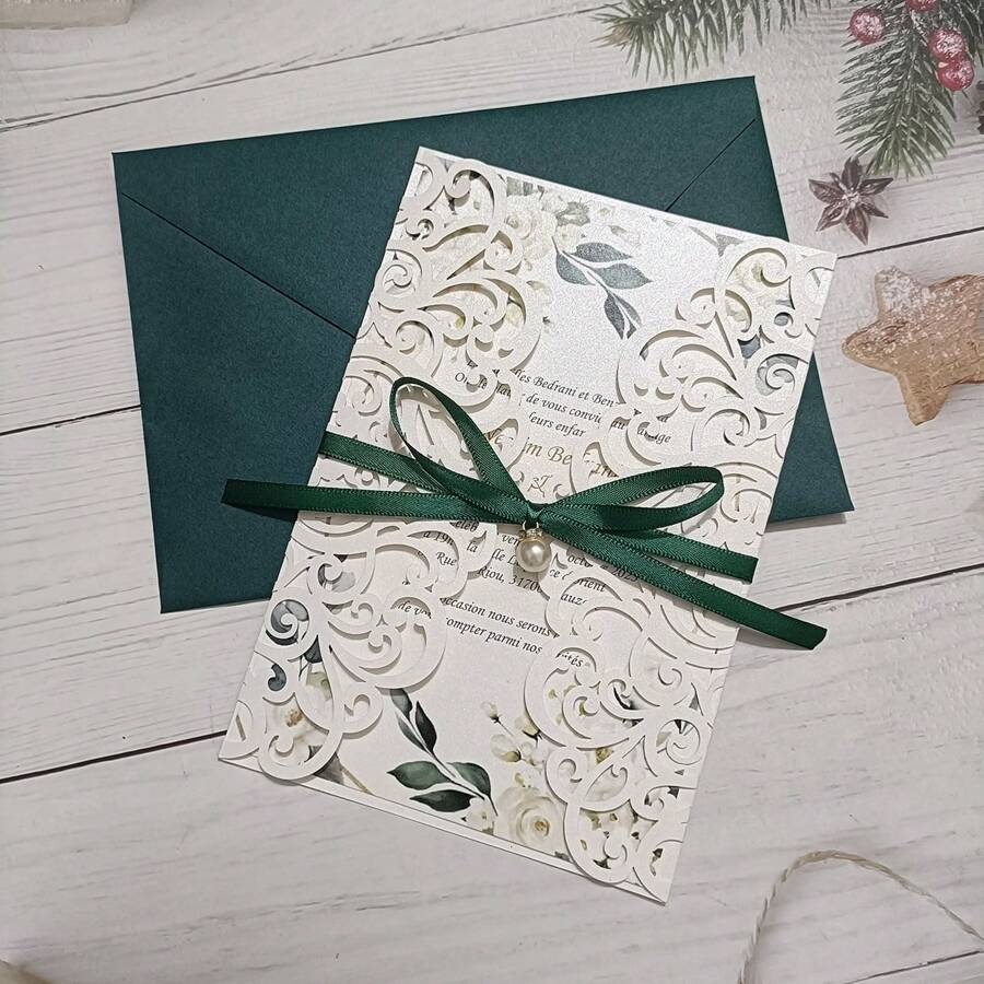 10sets Ivory Wedding Invitation Card Laser Cut With Blank Sheet +Envelope+Ribbon+Pearl Rhinestone - Multicolor - View 1