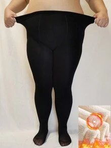 1雙大碼素色長毛絨內襯黑色褲襪適用於女士 - 黑色 - 查看 1