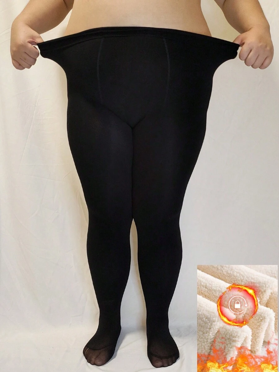 1雙大碼素色長毛絨內襯黑色褲襪適用於女士 - 黑色 - 查看 1