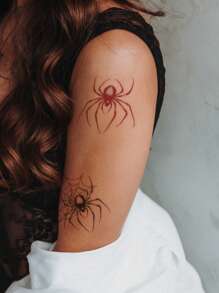 1 pieza Pegatina tatuaje negro & rojo realista araña para brazo , muñeca , cuerpo , temporario - Multicolor - Ver 4