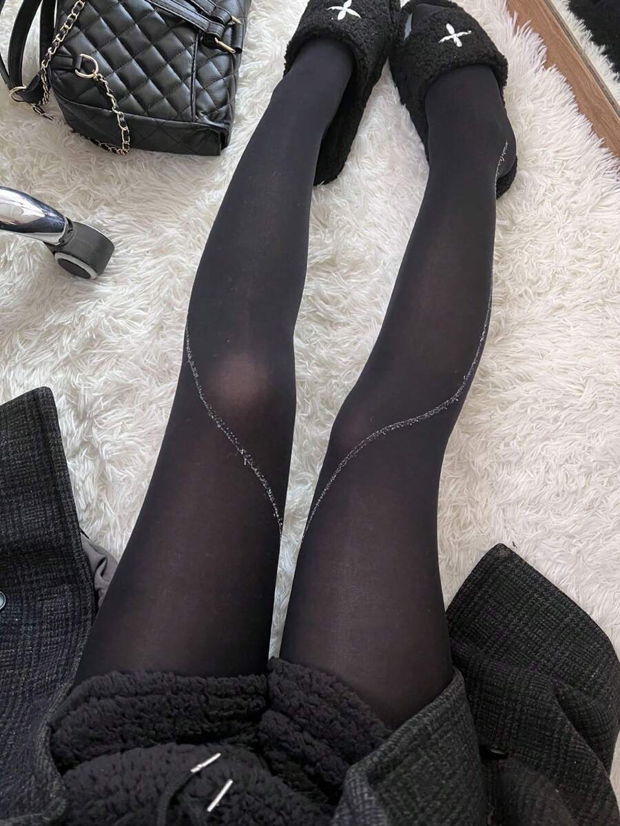 1pair Side Silver Thread Retro Jacquard Shiny Pantyhose - Black - View 1