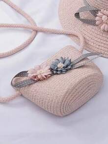 1套女孩夏日帶時尚刺繡公主圖案和圍巾的遮陽帽,適用於海灘或日常穿著 - 粉色 - 查看 5