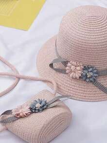 1套女孩夏日帶時尚刺繡公主圖案和圍巾的遮陽帽,適用於海灘或日常穿著 - 粉色 - 查看 2