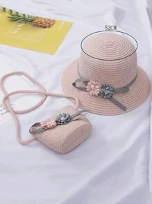 1套女孩夏日帶時尚刺繡公主圖案和圍巾的遮陽帽,適用於海灘或日常穿著 - 粉色 - 查看 3