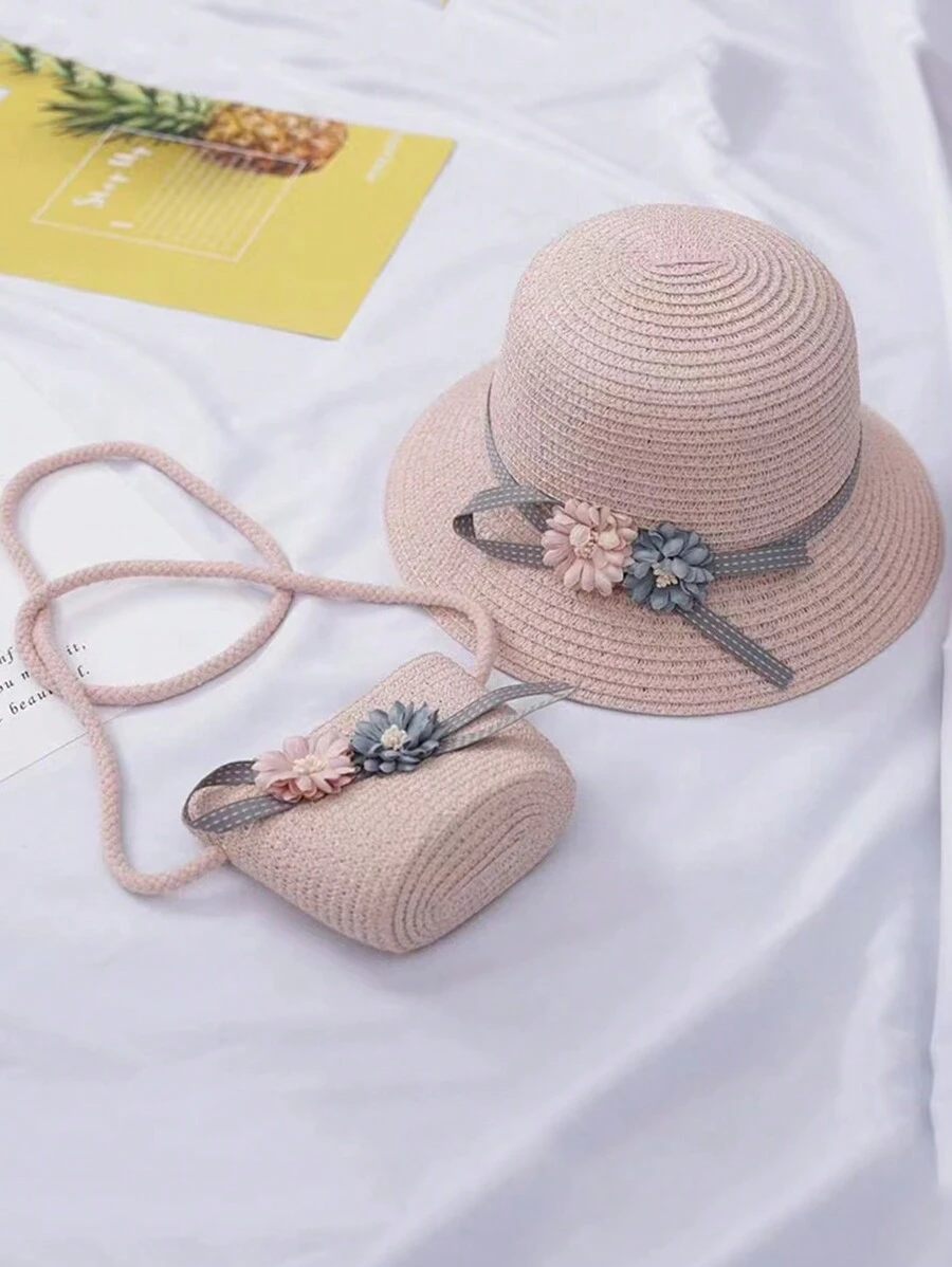 1套女孩夏日帶時尚刺繡公主圖案和圍巾的遮陽帽,適用於海灘或日常穿著 - 粉色 - 查看 1