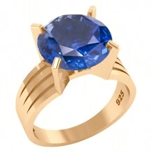 Anel Solitário Prata 925 Dourada 18k - Safira Grande - Azul Royal - Visão 1