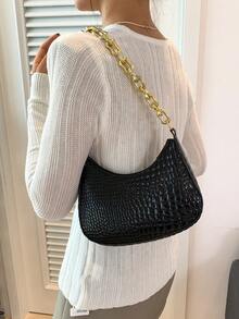 Solid Color Crocodile Pattern Minimalist Women's Shoulder Bag - Black - View 7