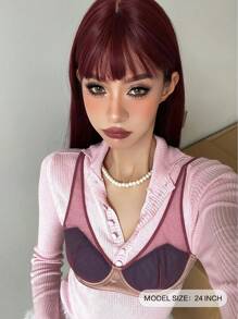 24寸女士紫色長直髮假髮，帶助理，優雅美麗，自然逼真，防熱合成纖維假髮，適用於日常派對使用萬聖節假髮 - 酒紅色 - 查看 3