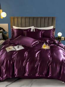 1 Vỏ chăn trơn làm bằng vải satin với kiểu dáng đơn giản và họa tiết giả lụa, thích hợp cho giường đôi Eu King Size trong phòng ngủ - pha lê màu tím - Xem 2