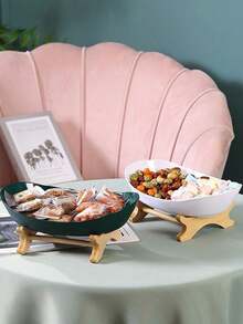 Party Anny Long 1pc Nordic Light Luxury Style Wooden Tray With White Fruit Plate For Parties And Daily Use (tray + Plate) - White - View 7