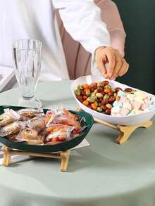 Party Anny Long 1pc Nordic Light Luxury Style Wooden Tray With White Fruit Plate For Parties And Daily Use (tray + Plate) - White - View 5