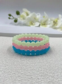 3入組女士夜光多彩珠子手鍊,最好的朋友彈性魅力手鍊 - 彩色 - 查看 2