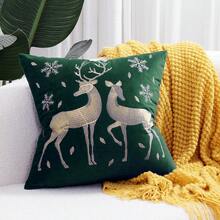 1pc Velvet Embroidered Pillowcase, White Reindeer Decorative Cushion Cover For Sofa, 18*18inch, Dark Green - Dark Green - View 4